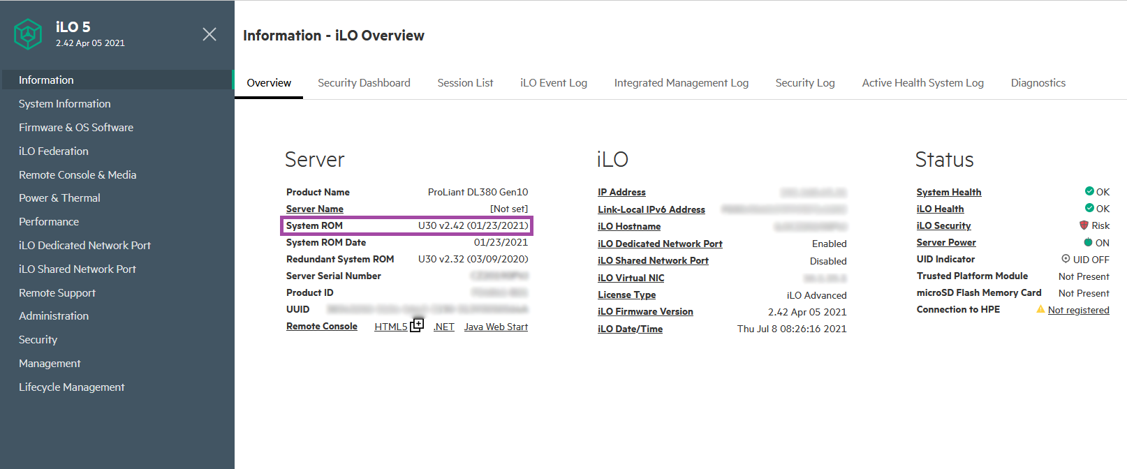 مشاهده نتیجه آپدیت iLO Firmware